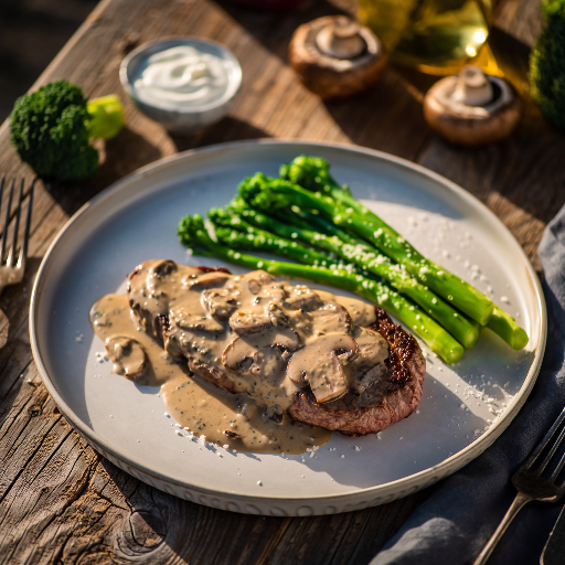 Steak with Creamy Mushroom Sauce and Tenderstem Broccoli