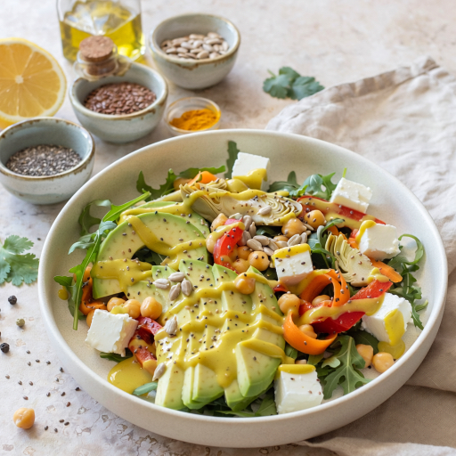 Keto Sunshine Salad with Feta and Turmeric Tahini Dressing